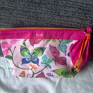 Estee Lauder Pink and Green Cosmetic Bag with Butterfly Design